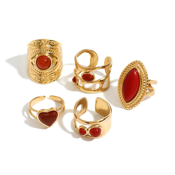 Wholesale Women's Stainless Steel Open Ring With Red Agate And Geometric Design Electroplated Hand Jewelry