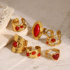 Wholesale Women's Stainless Steel Open Ring With Red Agate And Geometric Design Electroplated Hand Jewelry