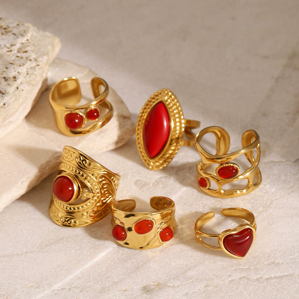Wholesale Women's Stainless Steel Open Ring With Red Agate And Geometric Design Electroplated Hand Jewelry