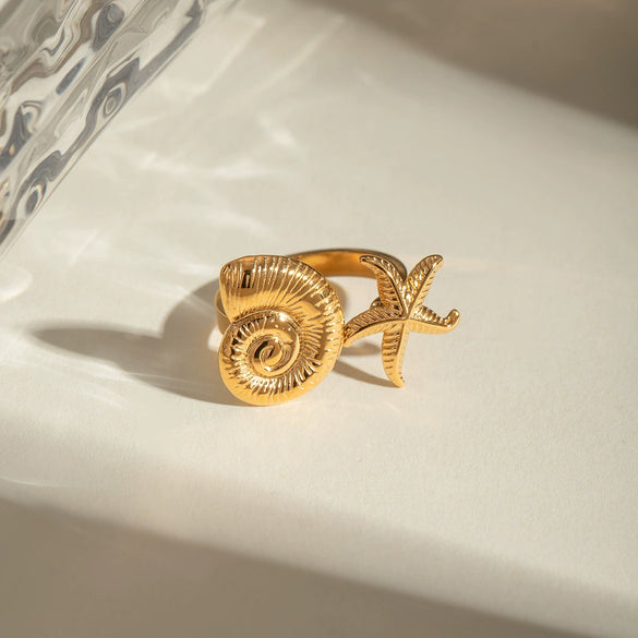 Wholesale Women's Stainless Steel Open Ring With Starfish And Conch Geometric Style Electroplated