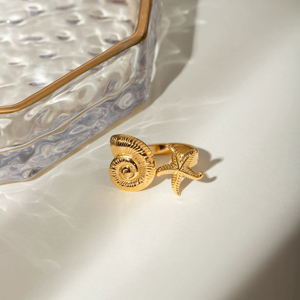 Wholesale Women's Stainless Steel Open Ring With Starfish And Conch Geometric Style Electroplated