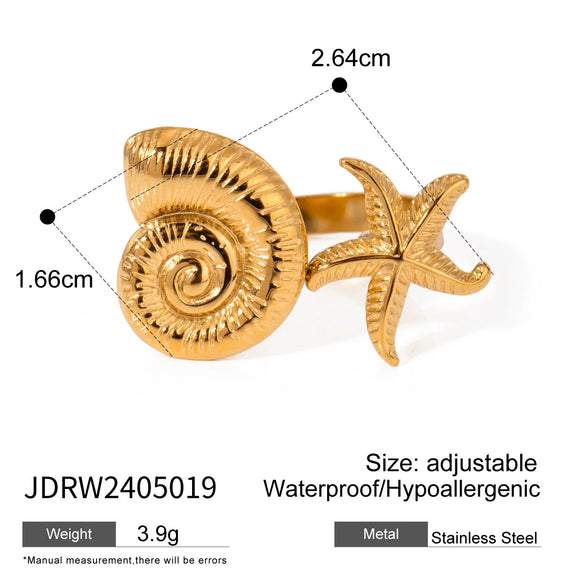 Wholesale Women's Stainless Steel Open Ring With Starfish And Conch Geometric Style Electroplated