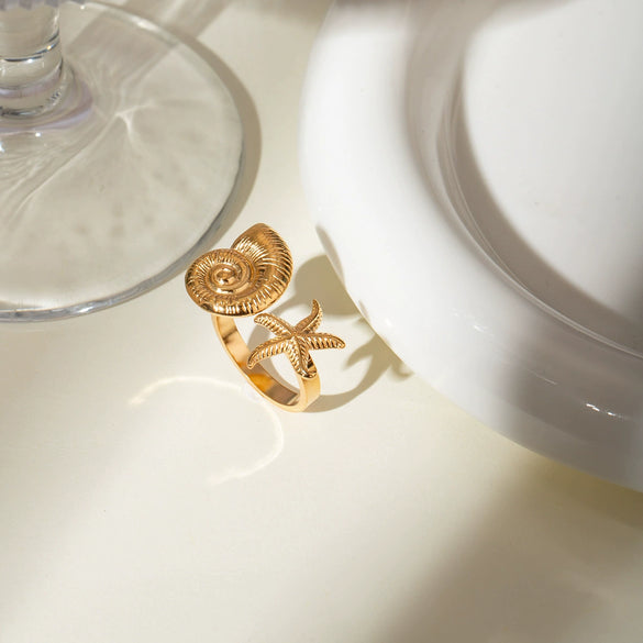 Wholesale Women's Stainless Steel Open Ring With Starfish And Conch Geometric Style Electroplated