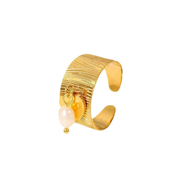 Wholesale Women's Stainless Steel Opening Ring With Freshwater Pendant 18K Gold Plated Star Patterned Pendant Ring