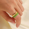 Wholesale Women's Stainless Steel Opening Ring With Green Oil Drop Double Bread Pattern And Geometric Design Electroplated