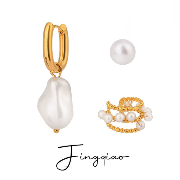 Wholesale Women's Stainless Steel Pearl Ear Clip Earrings With Geometric Pattern And Electroplating Treatment