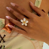 Wholesale Women's Stainless Steel Pearl Fivepetal Flower Opening Ring With Geometric Pattern And Electroplating Design