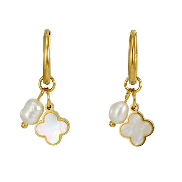 Wholesale Women's 316L Stainless Steel Pearl Four Leaf Clover Geometric Electroplated Earrings