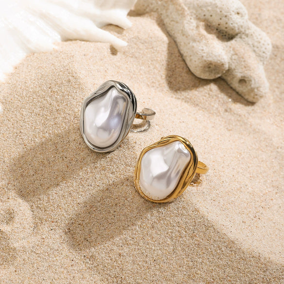 Wholesale Women's Stainless Steel Pearl Geometric Open Ring Electroplated Light Luxury Jewelry