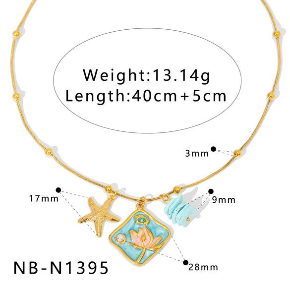 Wholesale Women's Stainless Steel Pearl Necklace And Shell Earrings Set With Lotus Painted Oil Drop Pendant 18K Vacuum Gold Plated