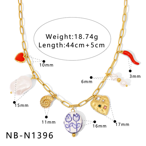Wholesale Women's Stainless Steel Pearl Necklace And Shell Earrings Set With Lotus Painted Oil Drop Pendant 18K Vacuum Gold Plated