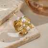 Wholesale Women's Stainless Steel Pearl Ring With Geometric Pattern Light Luxury Style Electroplated Open Ended