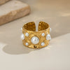 Wholesale Women's Stainless Steel Pearl Ring With Geometric Pattern Light Luxury Style Electroplated Open Ended