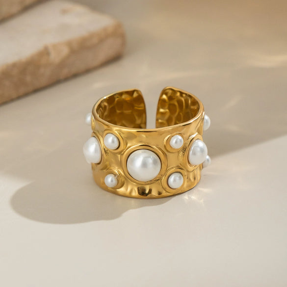 Wholesale Women's Stainless Steel Pearl Ring With Geometric Pattern Light Luxury Style Electroplated Open Ended