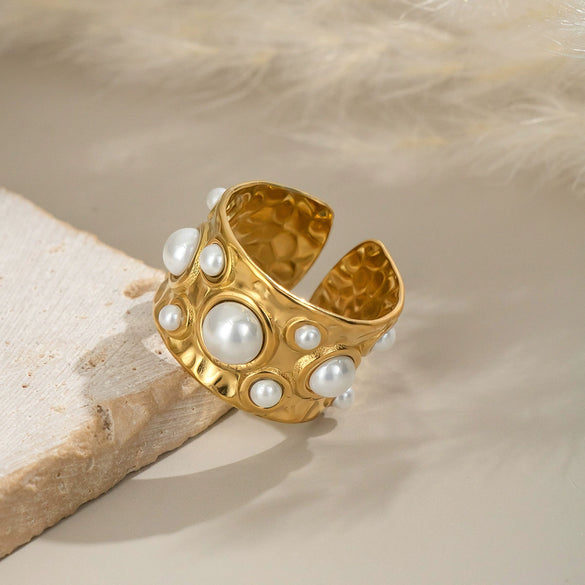 Wholesale Women's Stainless Steel Pearl Ring With Geometric Pattern Light Luxury Style Electroplated Open Ended