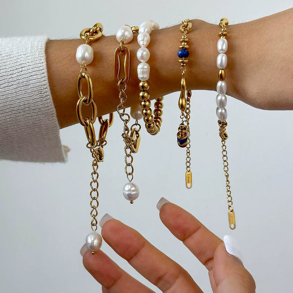 Wholesale Women's Stainless Steel Pearl Stacked Bracelet With Geometric Design And Electroplating