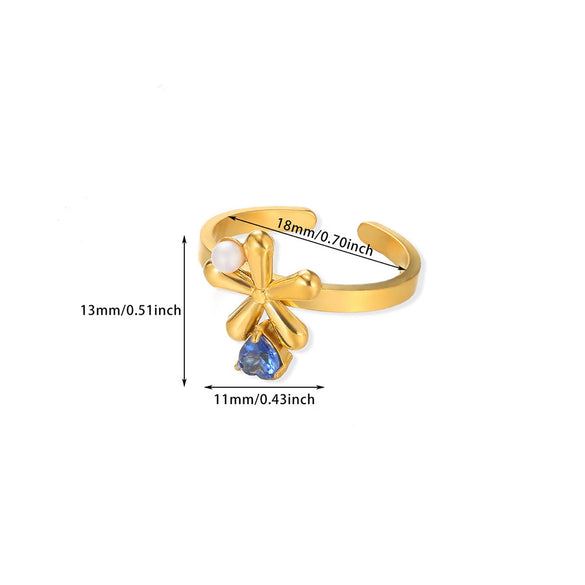 Wholesale Women's Stainless Steel Pearl Zircon Hollow Geometric Opening Starfish Shell Ring Electroplated