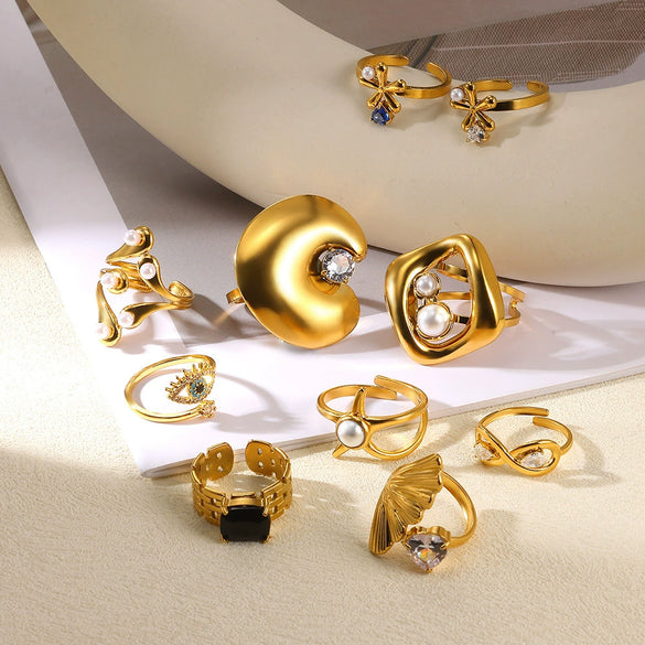 Wholesale Women's Stainless Steel Pearl Zircon Hollow Geometric Opening Starfish Shell Ring Electroplated