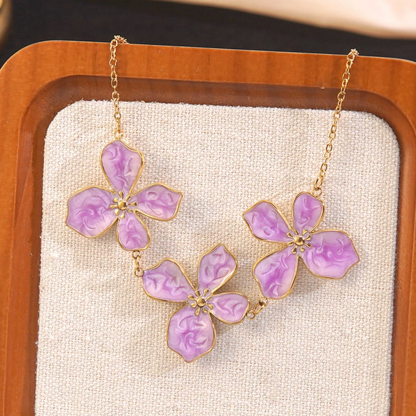 Wholesale Women's Stainless Steel Plants And Flowers Dripping Oil Jewelry Set Necklace And Earrings