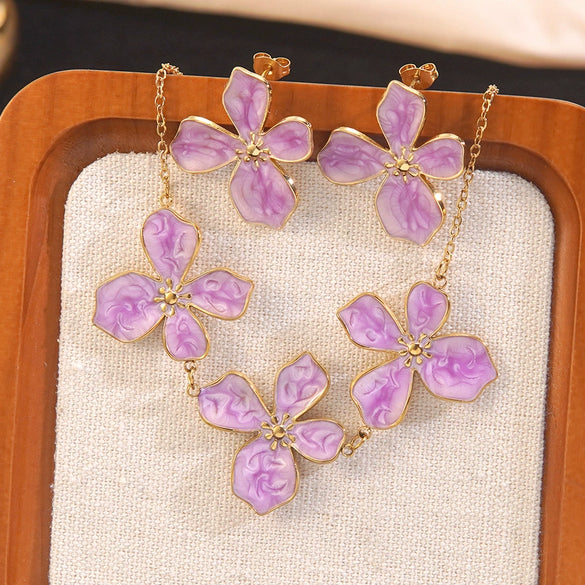 Wholesale Women's Stainless Steel Plants And Flowers Dripping Oil Jewelry Set Necklace And Earrings