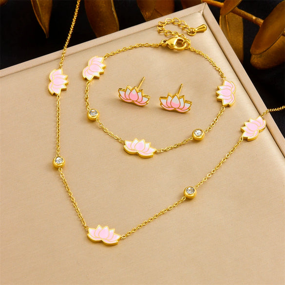 Wholesale Women's Stainless Steel Plants And Flowers Pattern Electroplated Jewelry Set With O Chain Necklace Earring Bracelet