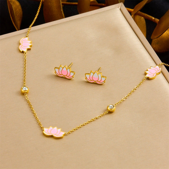 Wholesale Women's Stainless Steel Plants And Flowers Pattern Electroplated Jewelry Set With O Chain Necklace Earring Bracelet