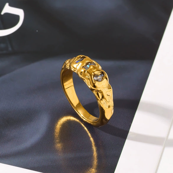 Wholesale Women's Stainless Steel Real Gold Plated Diamond Zircon Ring With Irregular Texture
