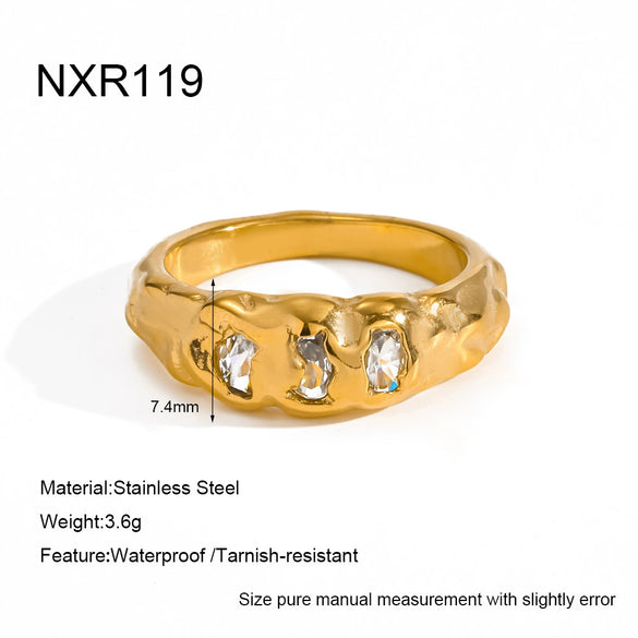 Wholesale Women's Stainless Steel Real Gold Plated Diamond Zircon Ring With Irregular Texture
