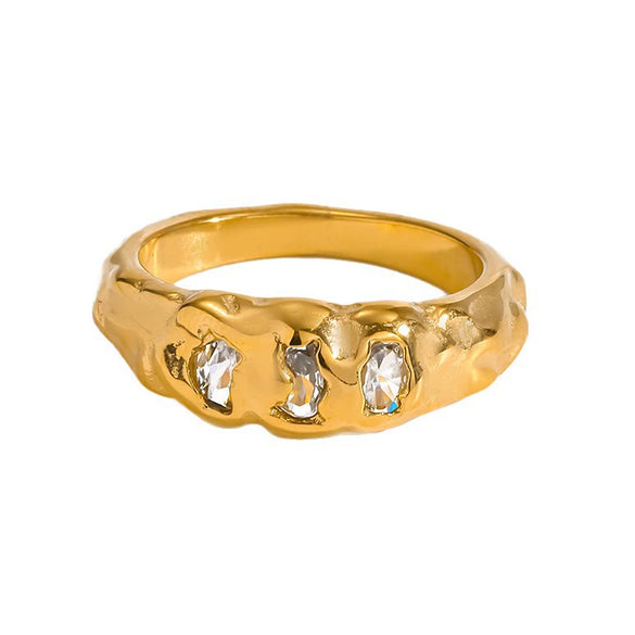 Wholesale Women's Stainless Steel Real Gold Plated Diamond Zircon Ring With Irregular Texture