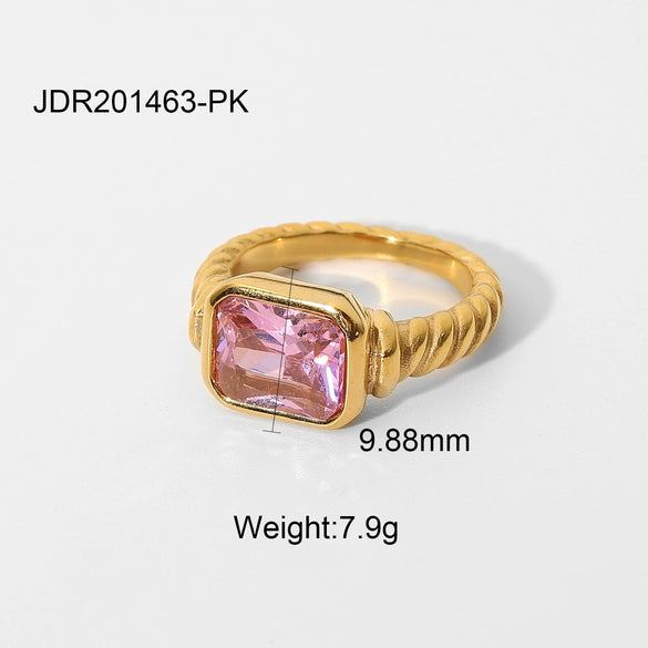 Wholesale Women's Stainless Steel Rectangular Ring With Pink Zircon And Geometric Design Electroplated