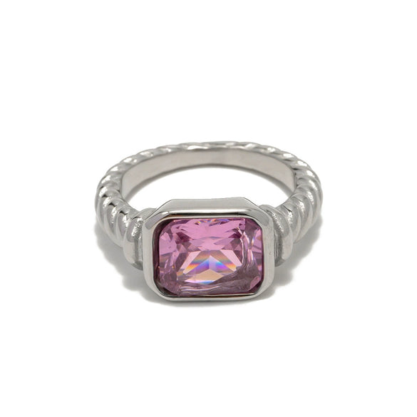 Wholesale Women's Stainless Steel Rectangular Ring With Pink Zircon And Geometric Design Electroplated