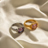Wholesale Women's Stainless Steel Rectangular Ring With Pink Zircon And Geometric Design Electroplated