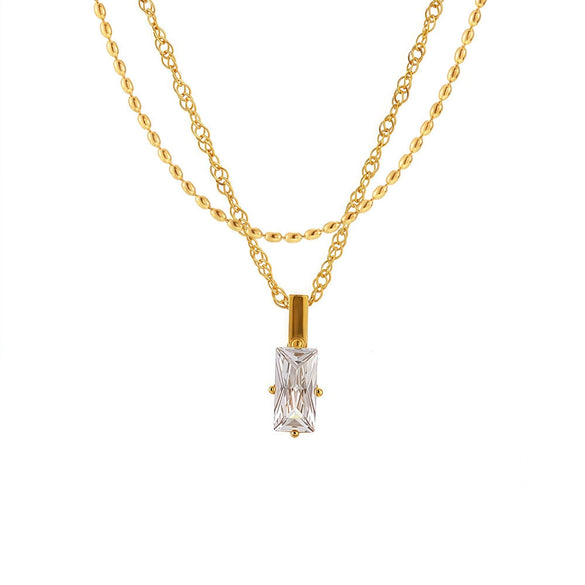 Wholesale Women's Stainless Steel Rectangular Zircon Beads Multilayer Clavicle Necklace With Geometric Pattern And Pvd Plating Design
