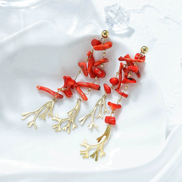 Wholesale Women's Stainless Steel Red Coral Chain Tassel Dangle Stud Earrings With Electroplating And Plants Flowers Style