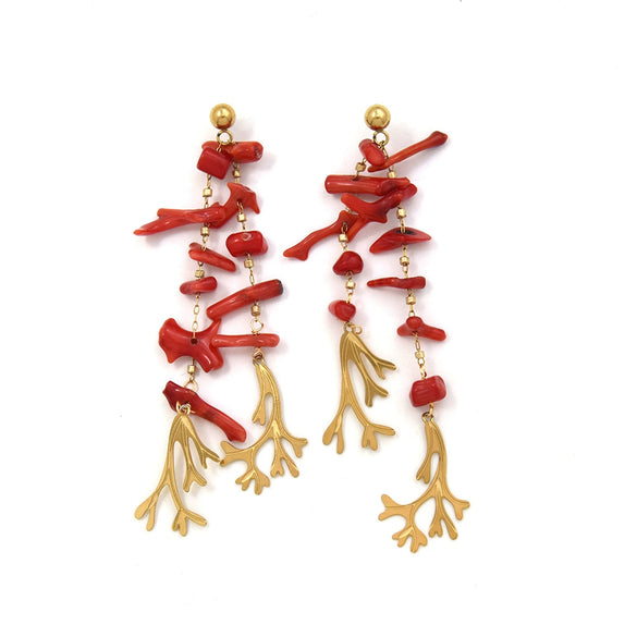 Wholesale Women's Stainless Steel Red Coral Chain Tassel Dangle Stud Earrings With Electroplating And Plants Flowers Style