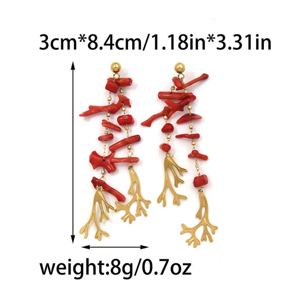 Wholesale Women's Stainless Steel Red Coral Chain Tassel Dangle Stud Earrings With Electroplating And Plants Flowers Style