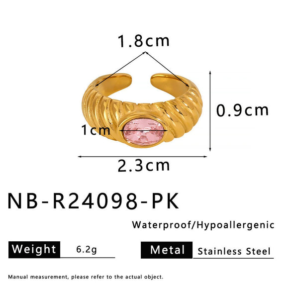 Wholesale Women's Stainless Steel Retro Personality Opening Ring With 18K Gold Plated Electroplating And Multicolor Zircon Inlay Geometric Pattern