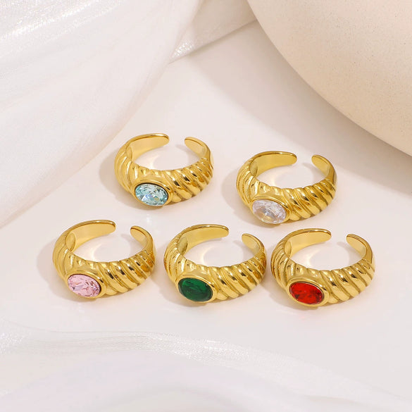 Wholesale Women's Stainless Steel Retro Personality Opening Ring With 18K Gold Plated Electroplating And Multicolor Zircon Inlay Geometric Pattern