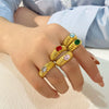 Wholesale Women's Stainless Steel Retro Personality Opening Ring With 18K Gold Plated Electroplating And Multicolor Zircon Inlay Geometric Pattern