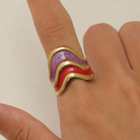 Wholesale Women's Stainless Steel Ring Retro Inlaid Colored Stone Geometric Star Pattern Electroplated
