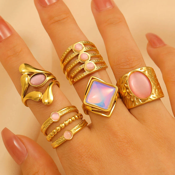 Wholesale Women's Stainless Steel Ring Retro Inlaid Colored Stone Geometric Star Pattern Electroplated