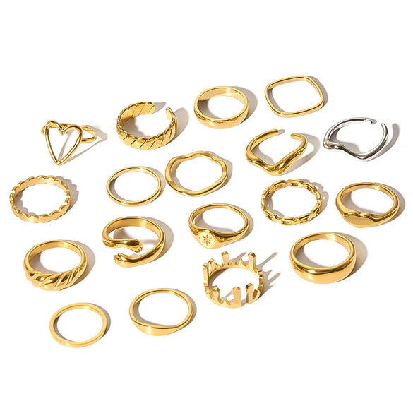 Wholesale Women's Stainless Steel Ring With Crown Heart Bow Leaves Wave Rhombus Drop Shape Star Geometric Patterns 18K Vacuum Gold Plated