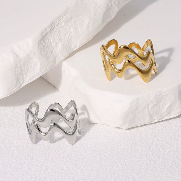 Wholesale Women's Stainless Steel Ring With Irregular Wave And Geometric Pattern Electroplated Simple And High Level Sense Non Fading
