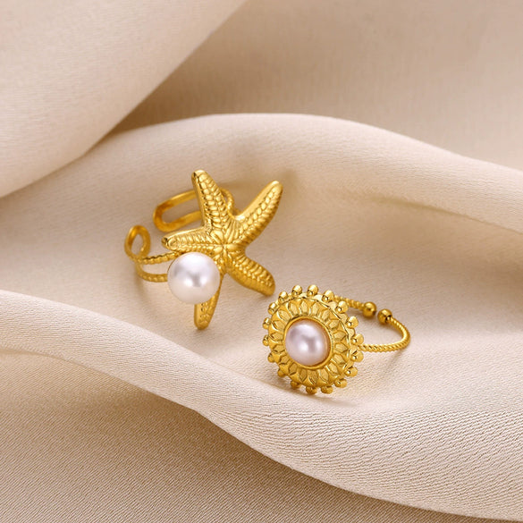 Wholesale Women's Stainless Steel Ring With Shell Marine Elements Imitation Pearl Starfish For Summer Beach Resort Electroplated