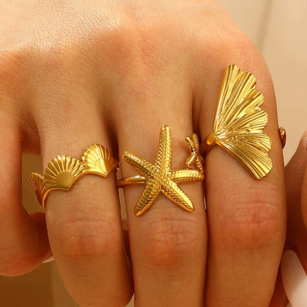 Wholesale Women's Stainless Steel Ring With Starfish Leaf Animal And Zodiac Patterns Electroplated