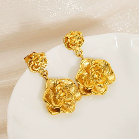 Wholesale Women's 316L Stainless Steel Rose Flower Pendant Earrings With Electroplating