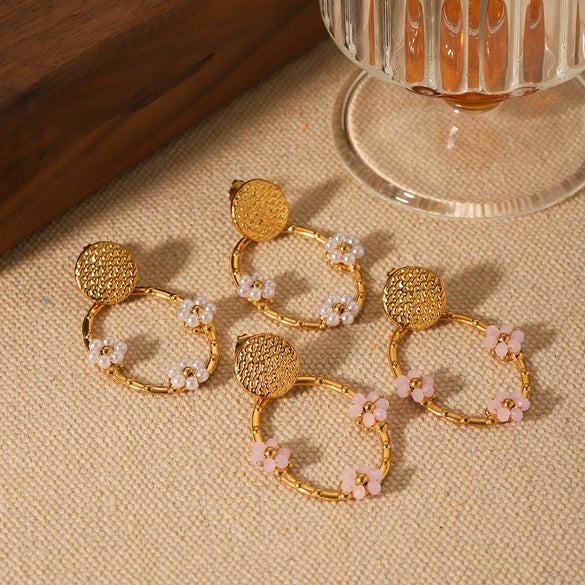 Wholesale Women's Stainless Steel Round Flower Geometric Pattern Electroplated Earrings