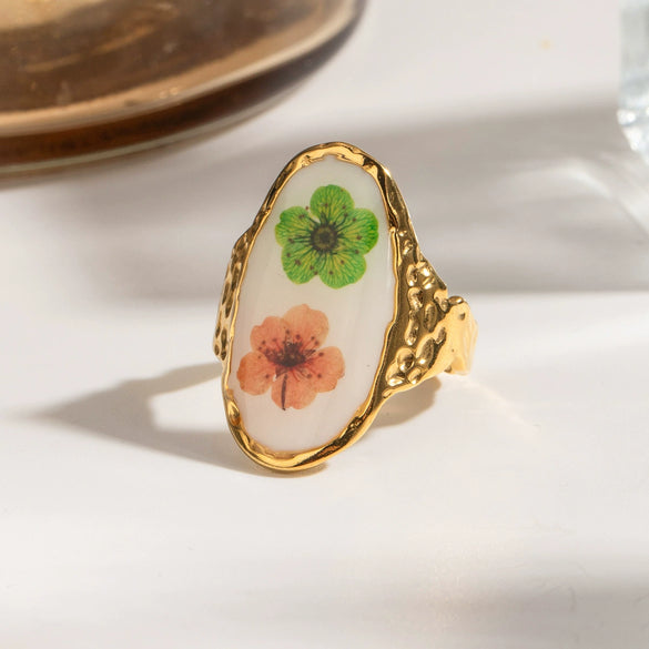 Wholesale Women's Stainless Steel Round Geometric Style Dried Flower Ring With Electroplating Fashion Fresh