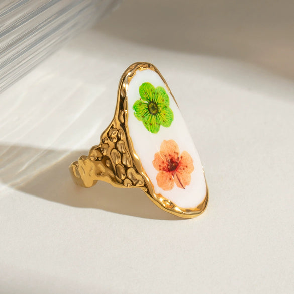 Wholesale Women's Stainless Steel Round Geometric Style Dried Flower Ring With Electroplating Fashion Fresh
