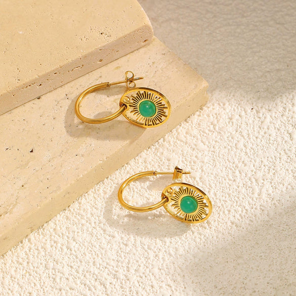 Wholesale Women's Stainless Steel Round Hollow Zircon Geometric Sunflower Pvd Furnace Vacuum Real Gold Plated Earrings